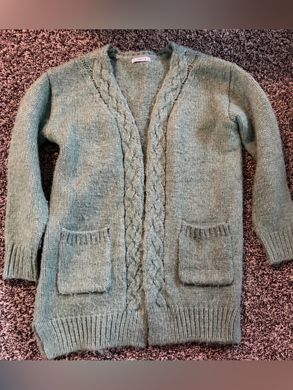 Girls' Cozy Cable Knit Cardigan Sweater - Sage Green size 9